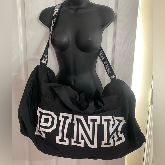 NWOT PINK Victoria’s Secret black large duffle bag weekender with rounded sides - Picture 2 of 15